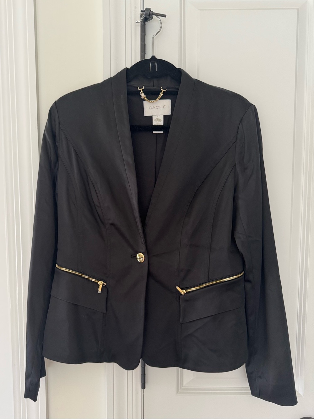 Cache’ Black Satin Jacket with Gold Zippers size 8